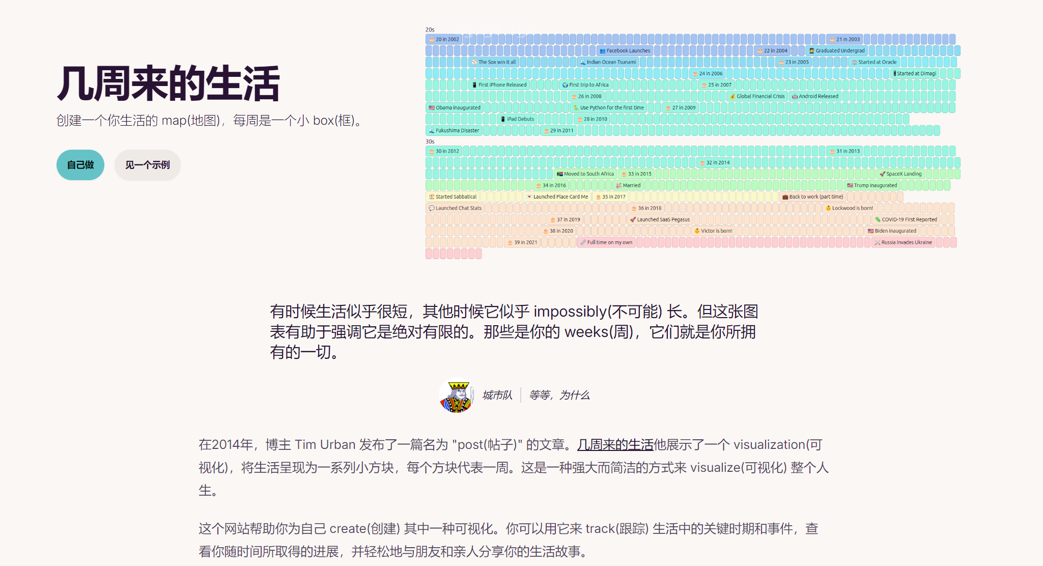 人生时间线可视化工具《生命周历》记录每周生活轨迹。