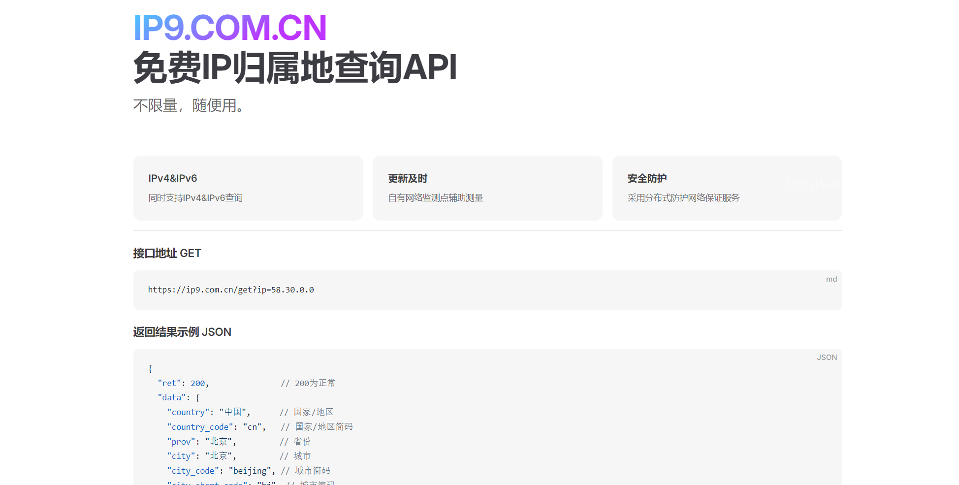 IP9提供免费无限IP查询API，支持IPv4/IPv6实时更新。