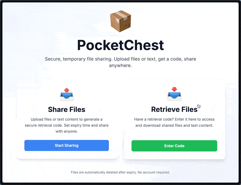 PocketChest:便捷的文件分享工具,安全高效,支持大文件传输与自定义取件码(开源)